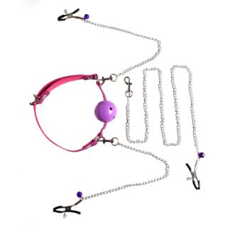 Picture of Dominator Breathable Ball Gag with Nipple Clamps and Clit Clamp - Purple