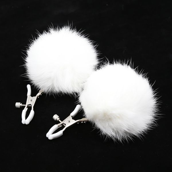 Picture of Feather Fur Ball Sexy Metal Clips Nipple Clamps*White