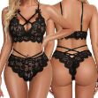 Picture of Black Floral Plus Size Lace Criss Cross Crotchless Bra Set