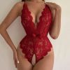 Picture of Lace Scallop Trim Teddy Plunging Backless Open Crotch Thong Bodysuit