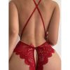 Picture of Lace Scallop Trim Teddy Plunging Backless Open Crotch Thong Bodysuit