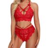 Picture of Red Floral Plus Size Lace Criss Cross Crotchless Bra Set