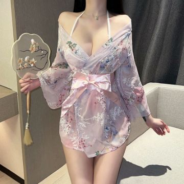 Picture of Kimono See-Through Nightgown Set - Pink